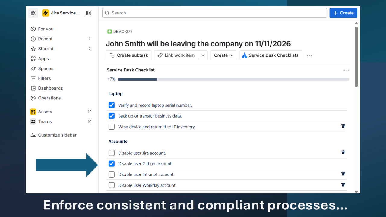 Checklist enforcing consistent onboarding steps for leaver and onboarding tickets